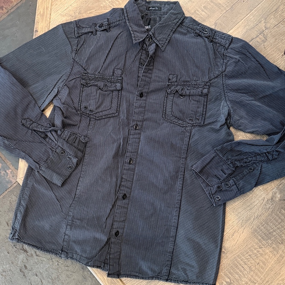 BKE BLACK STRIPED Shirt ATHLETIC Fit Pockets Long Sleeves western men L tactical